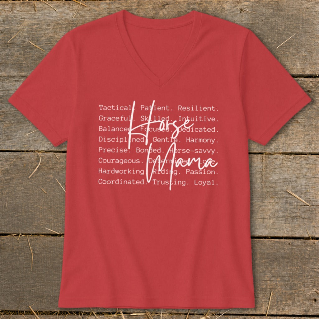 Red v-neck t-shirt with white text "Horse Mama" and descriptive words.