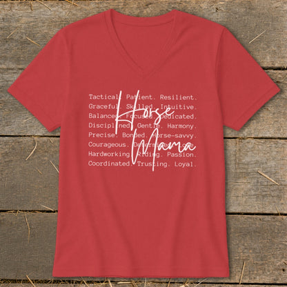 Red v-neck t-shirt with white text "Horse Mama" and descriptive words.