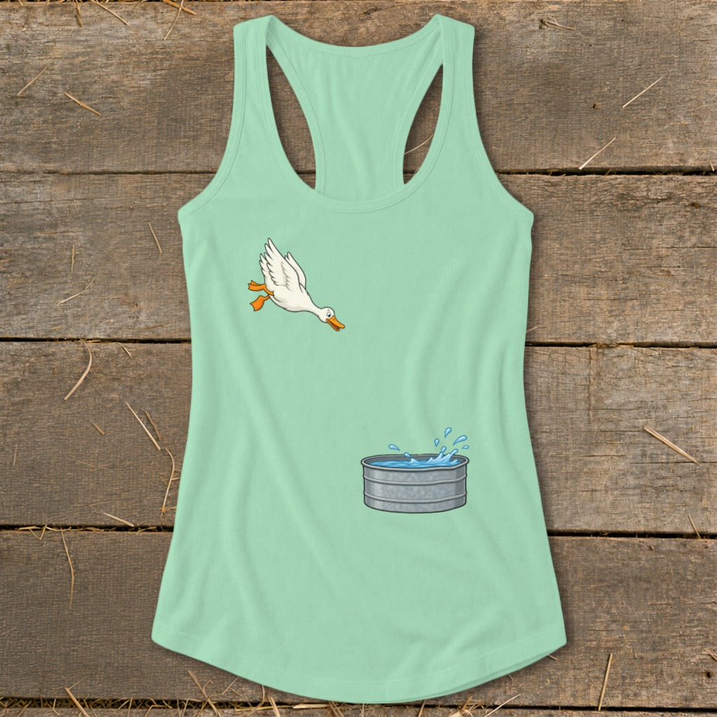 Light green tank top with cartoon duck jumping into a galvanized tub of water.