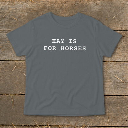 Grey t-shirt with white text that reads "HAY IS FOR HORSES."