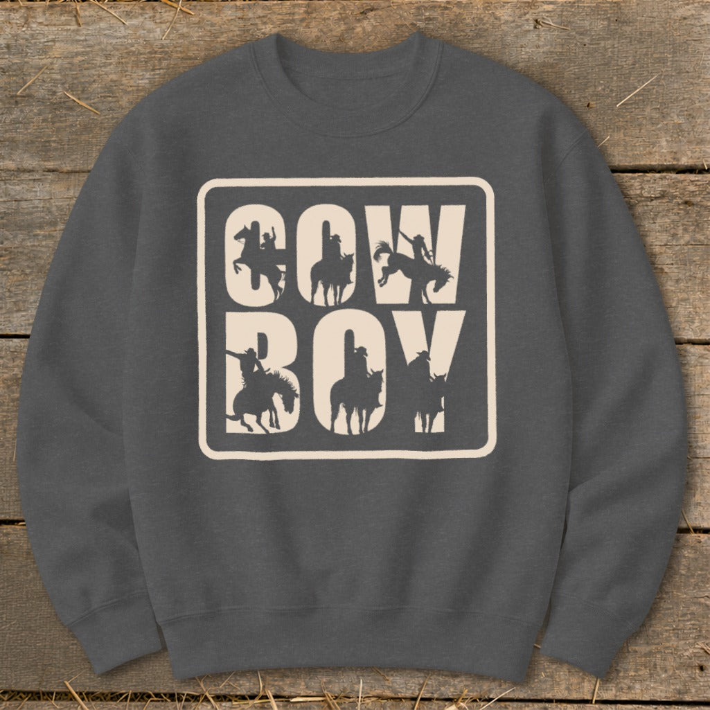 Dark gray sweatshirt with "COW BOY" text and cowboy silhouettes.