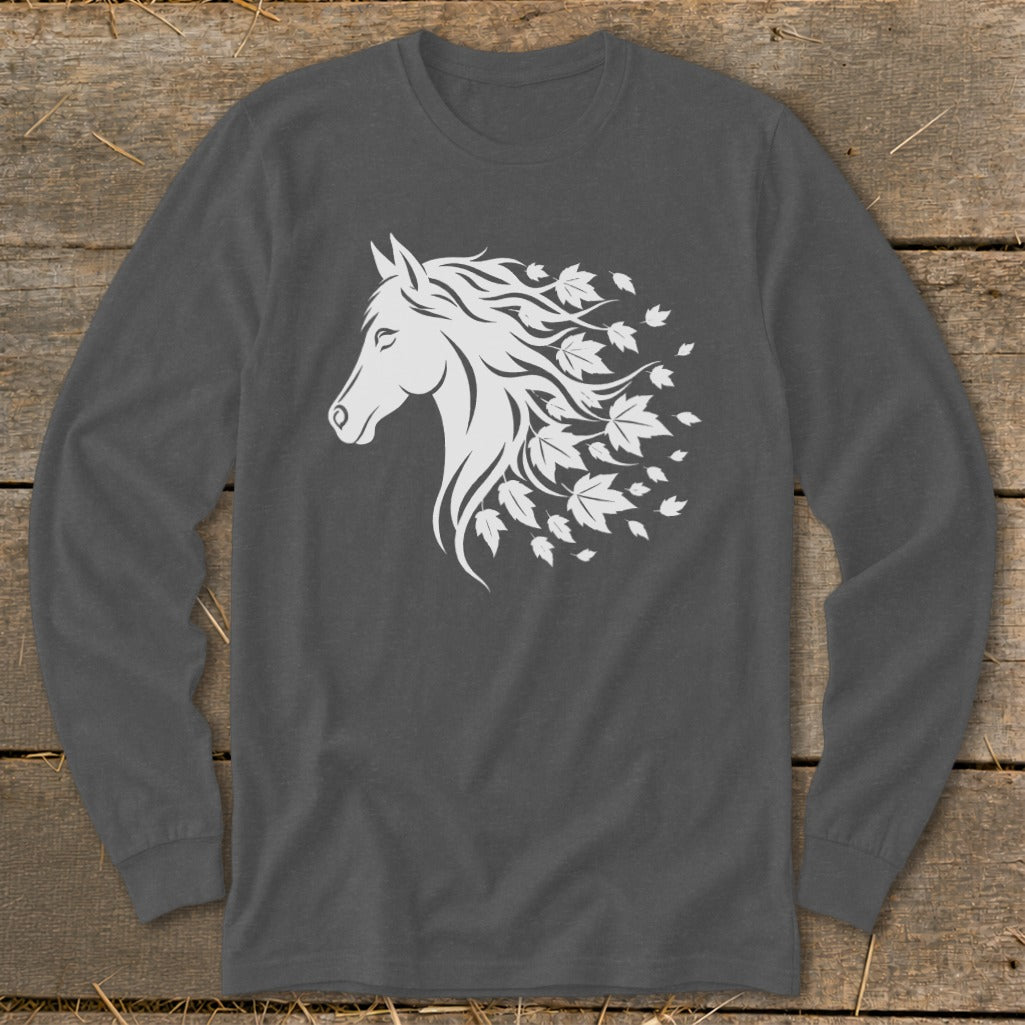 Dark grey long-sleeve shirt with white horse head and falling leaves graphic.