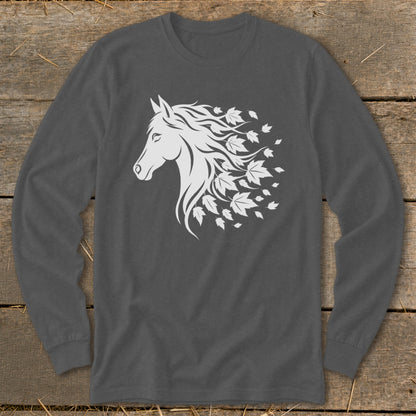 Dark grey long-sleeve shirt with white horse head and falling leaves graphic.