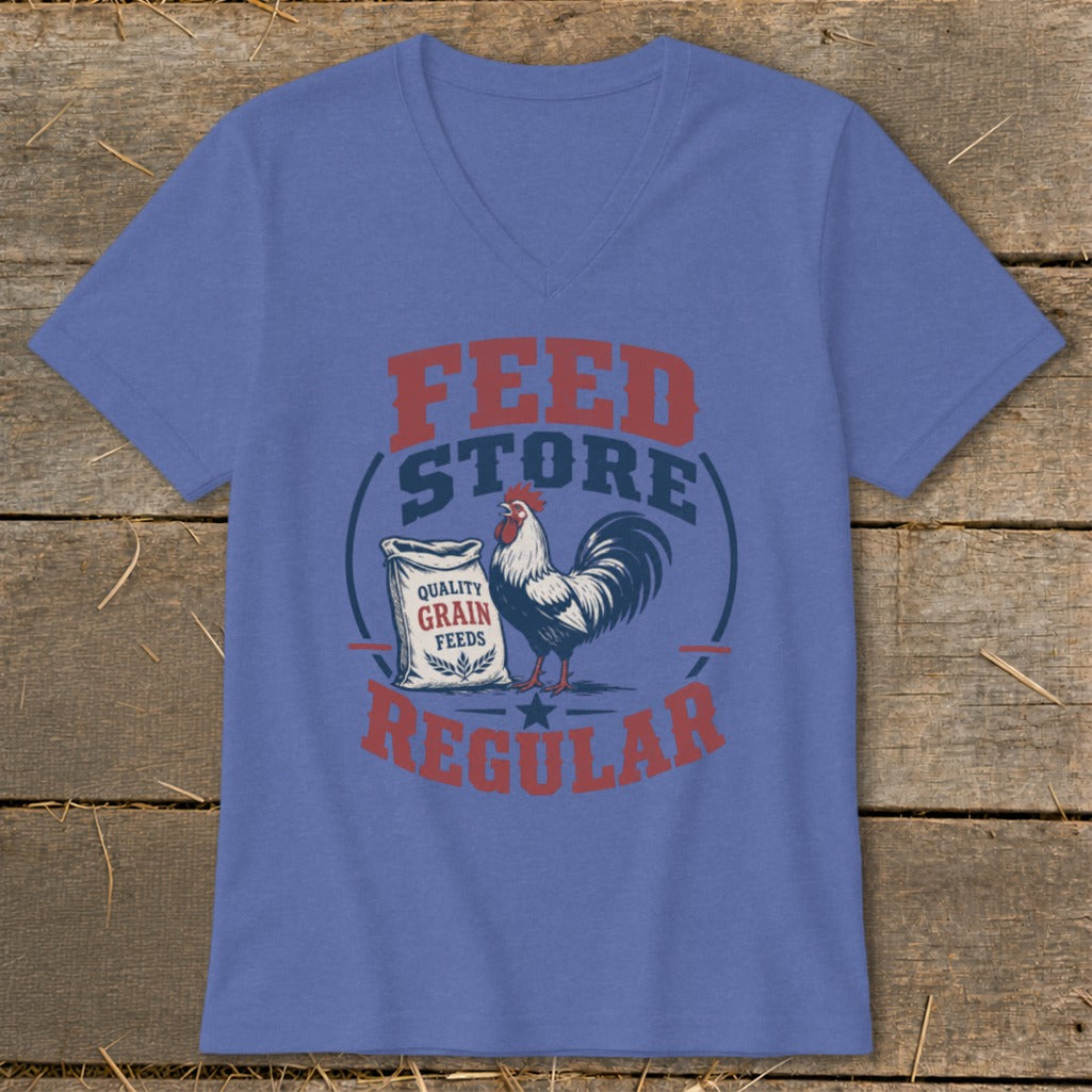 T-shirt with "Feed Store Regular" text, a rooster, and a bag of "Quality Grain Feeds".