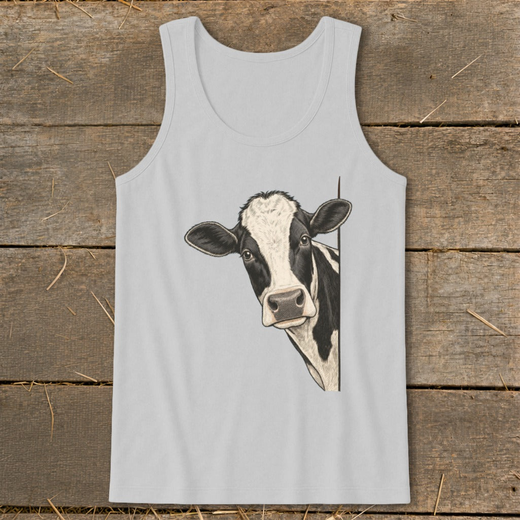 Black and white cow peeking from behind the side of a light gray tank top.