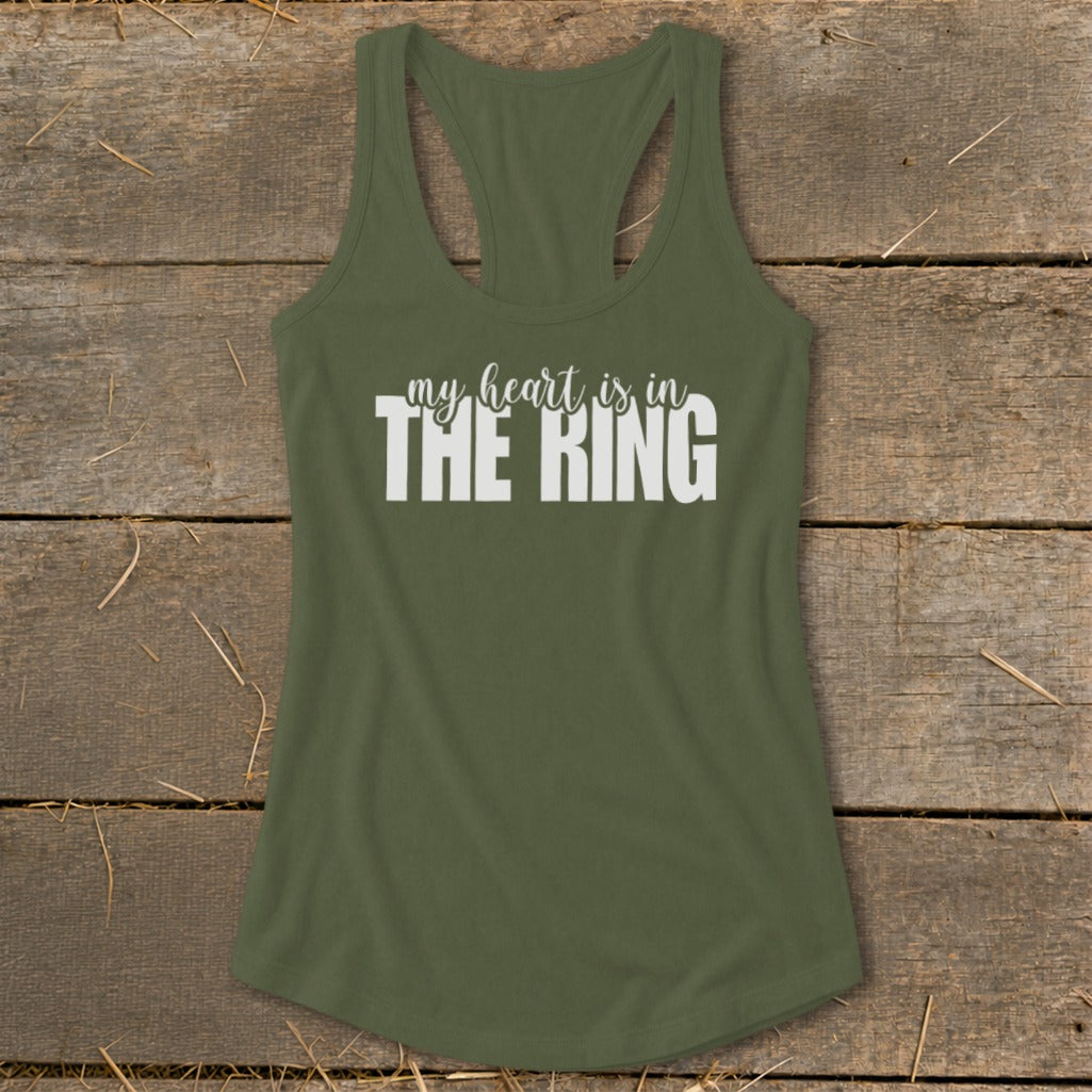 Olive green tank top with white text "my heart is in THE RING".