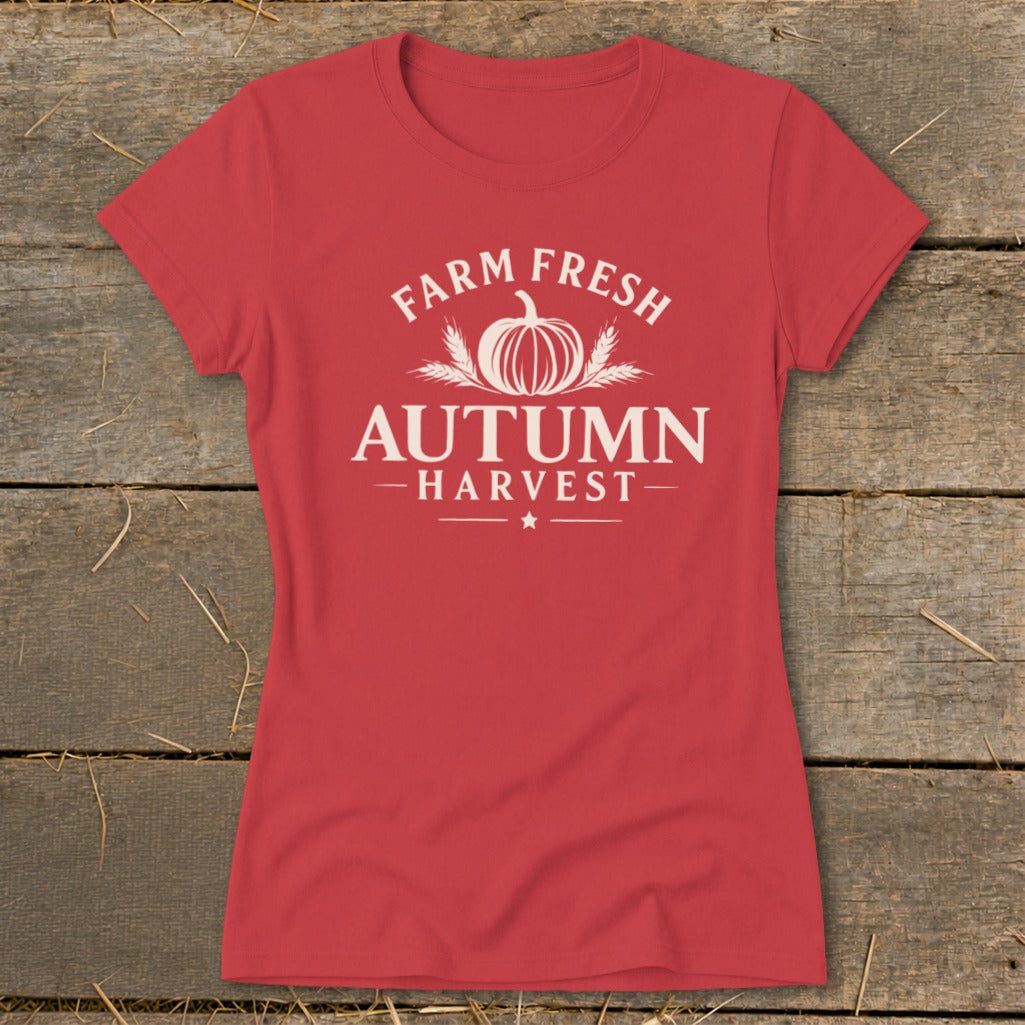 Red t-shirt with "Farm Fresh Autumn Harvest" and pumpkin graphic.