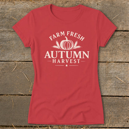 Red t-shirt with "Farm Fresh Autumn Harvest" and pumpkin graphic.