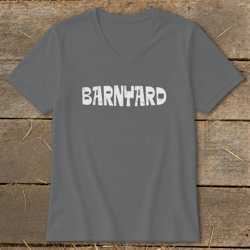 A dark gray V-neck t-shirt with the word BARNYARD printed in distressed white capital letters across the chest.