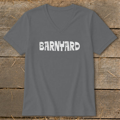 A dark gray V-neck t-shirt with the word BARNYARD printed in distressed white capital letters across the chest.
