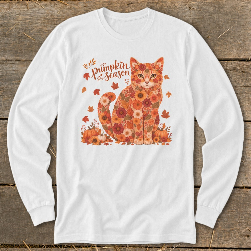 White long-sleeve shirt with a floral cat design and "Pumpkin season" text.