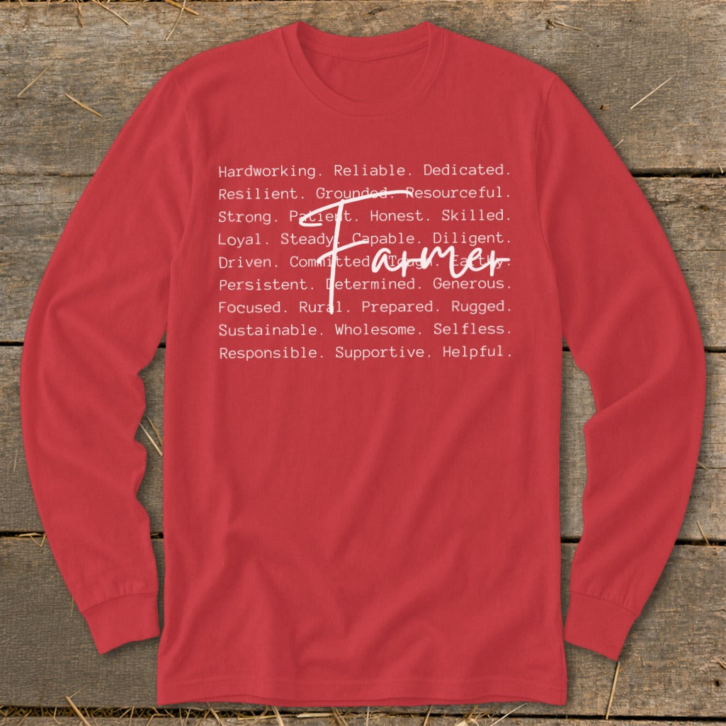 Red long-sleeve shirt with "Farmer" text and a list of attributes.