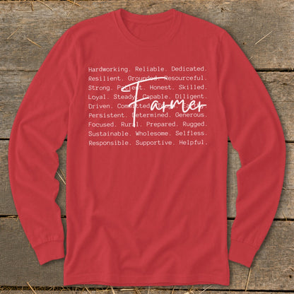 Red long-sleeve shirt with "Farmer" text and a list of attributes.