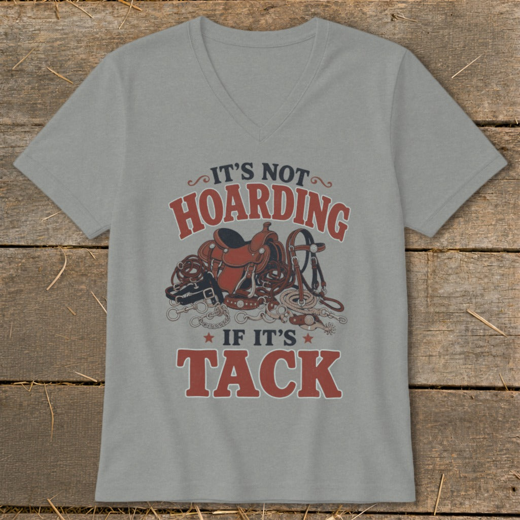Gray t-shirt with "It's not hoarding if it's tack" and horse tack graphic.