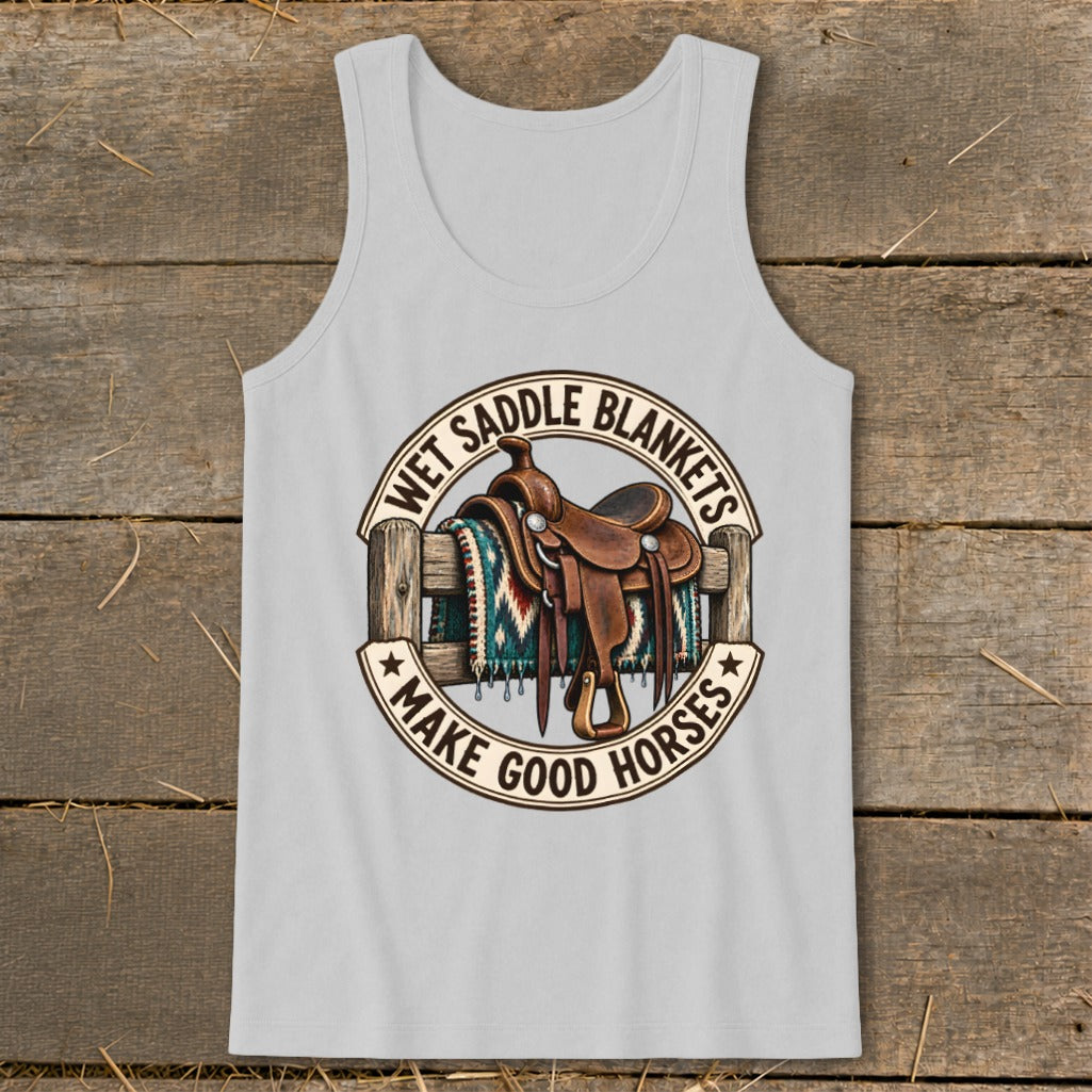 Graphic with saddle, blanket, fence, and text "Wet Saddle Blankets Make Good Horses".
