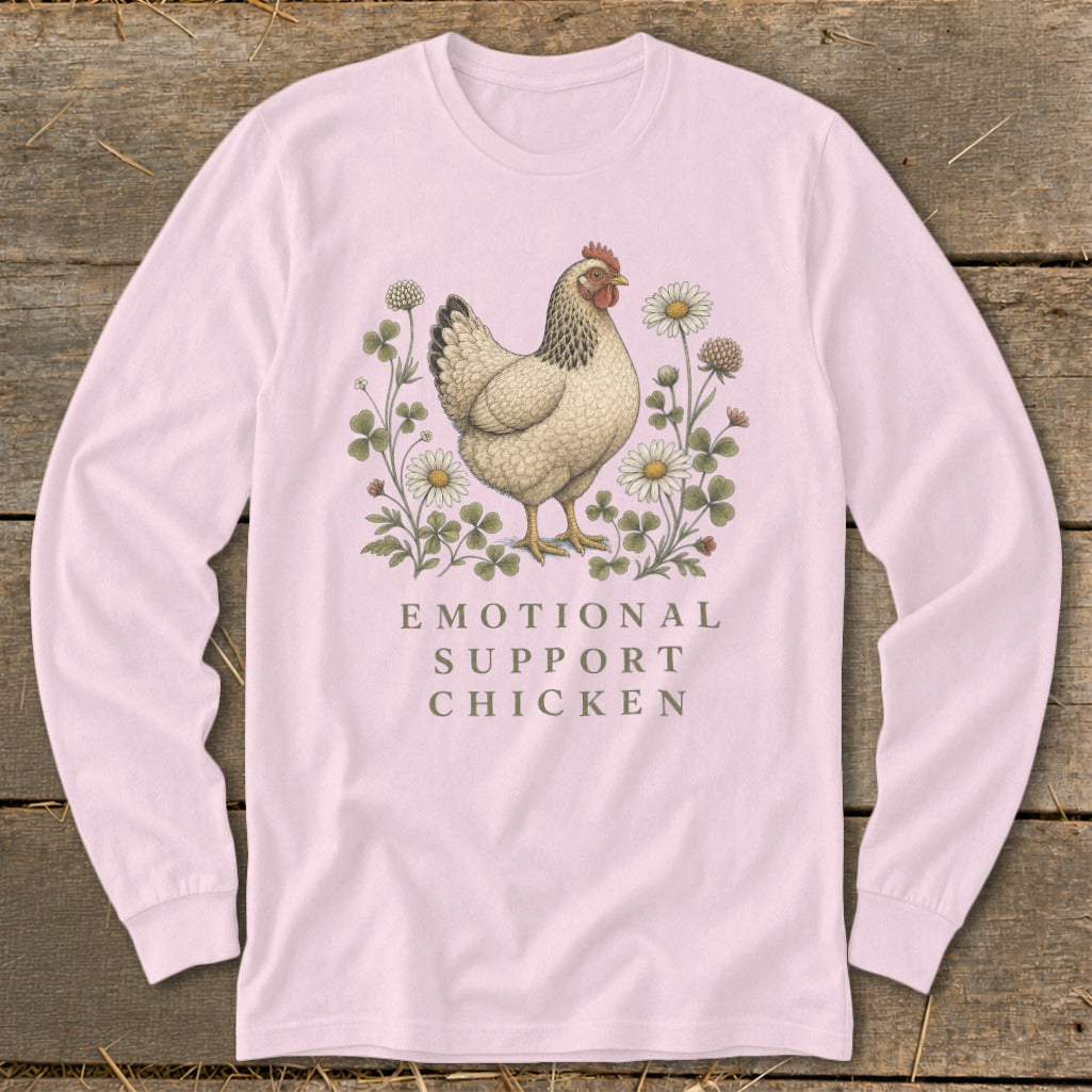 Pink long sleeve shirt with a chicken illustration and text "EMOTIONAL SUPPORT CHICKEN".