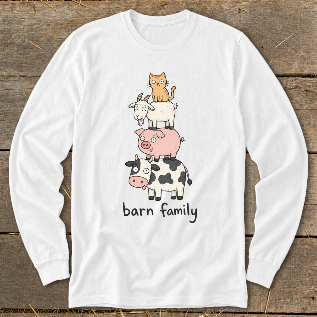 White long-sleeved shirt with a cartoon cow, pig, goat, and cat stacked with text "barn family".