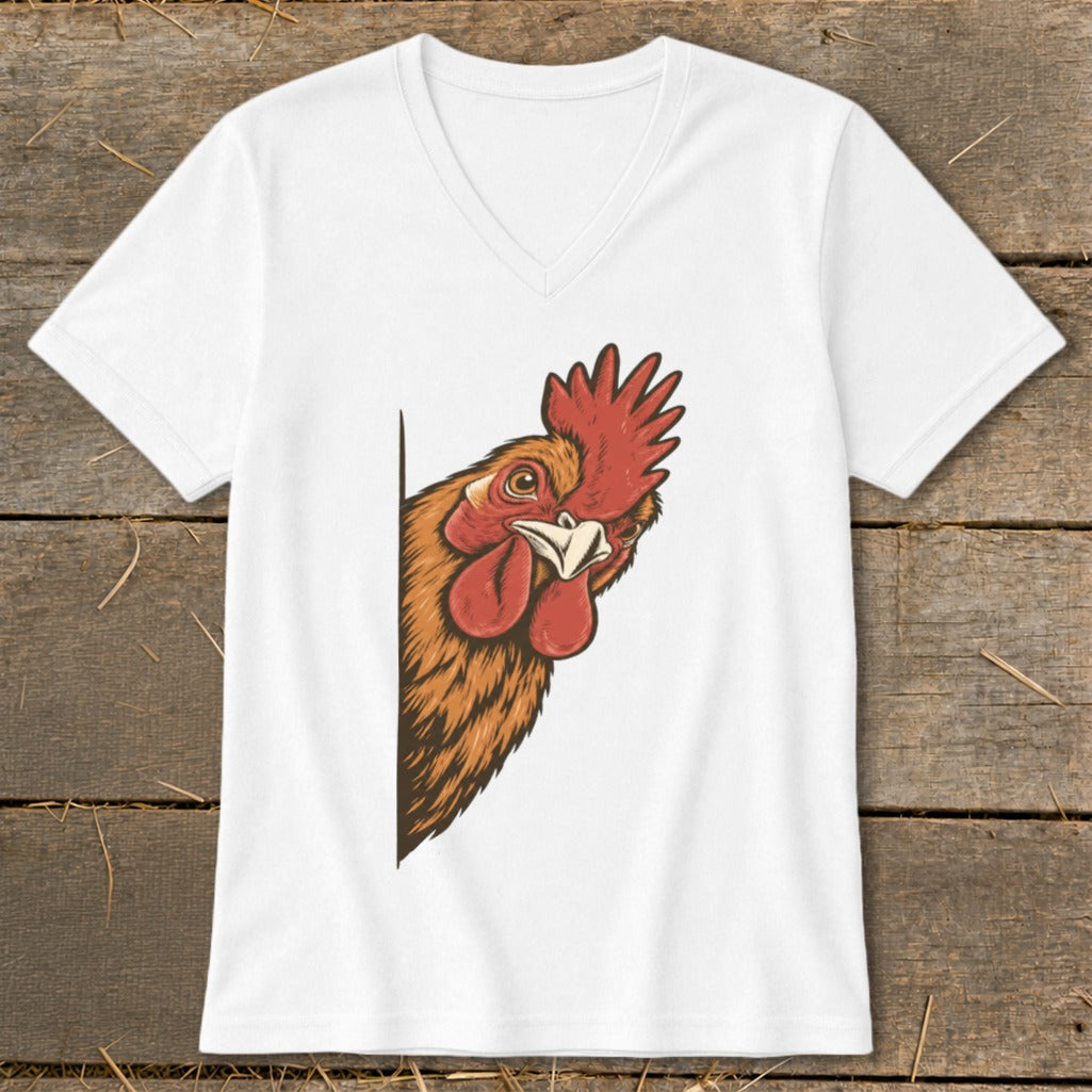 White v-neck t-shirt with illustration of a rooster peeking from the left.