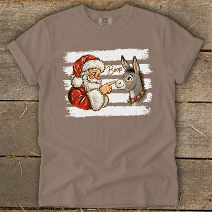 Santa booping a donkey with the word "Boop" on a taupe shirt.