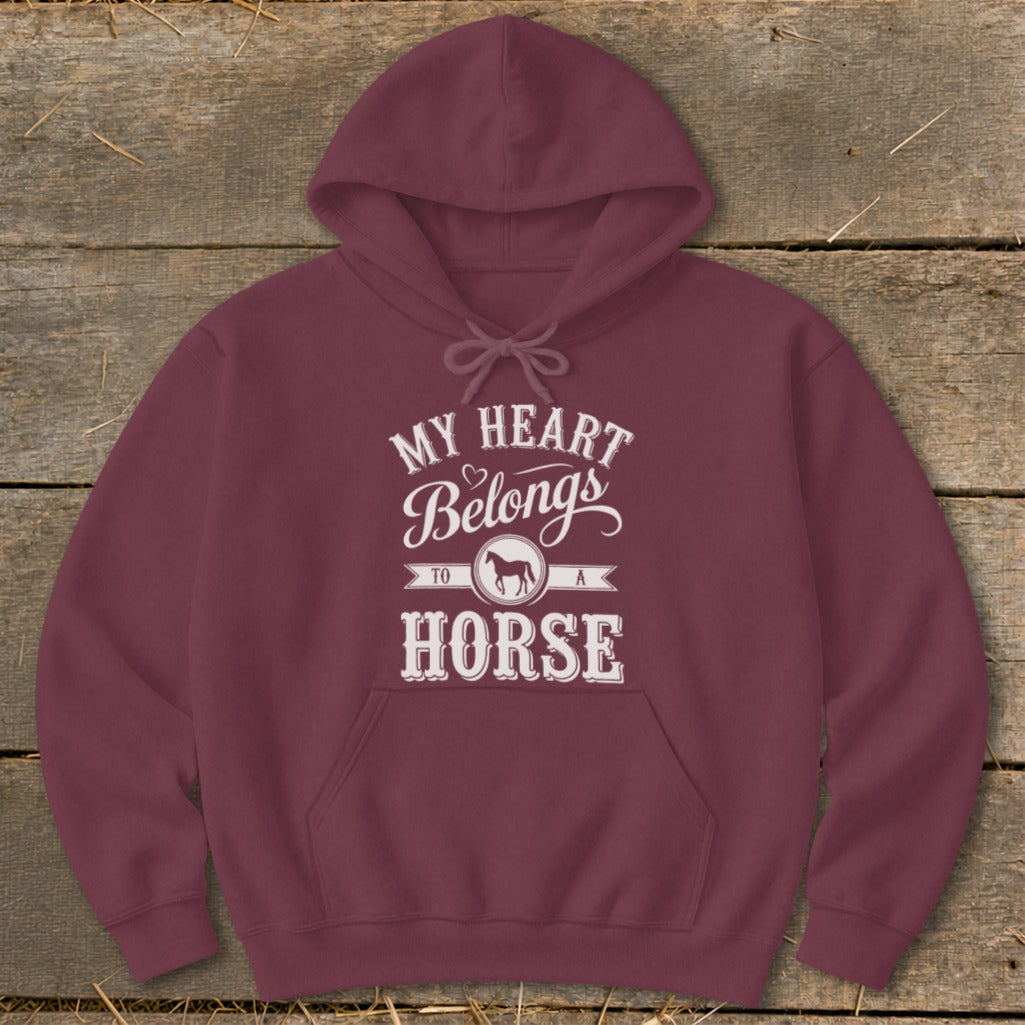Maroon hoodie with "My Heart Belongs to a Horse" graphic and horse silhouette.