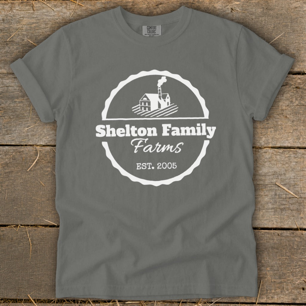 Grey t-shirt with white Shelton Family Farms logo and Est. 2005.