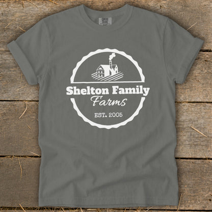 Grey t-shirt with white Shelton Family Farms logo and Est. 2005.