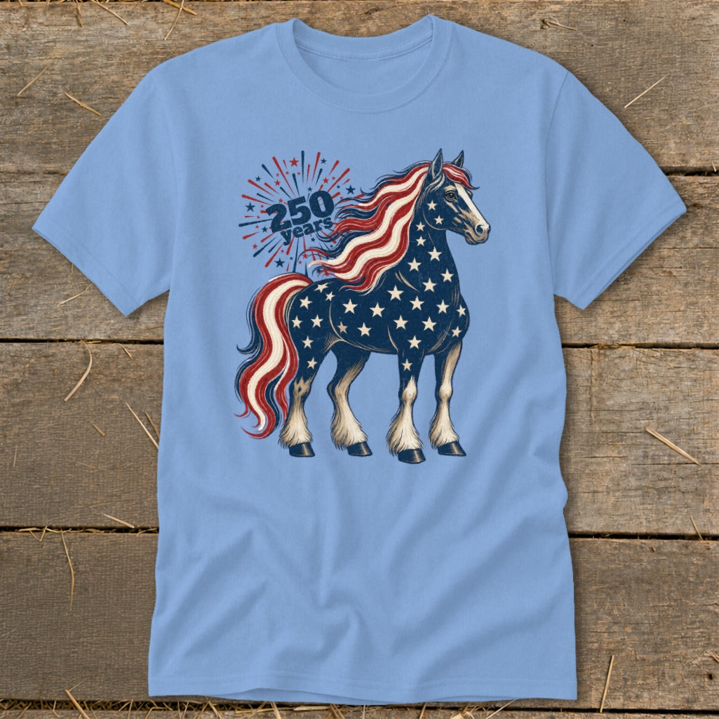 Light blue t-shirt with American flag-themed horse and "250 years" text.