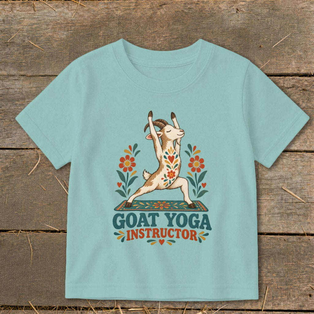 Goat in yoga pose with "Goat Yoga Instructor" text and floral accents.