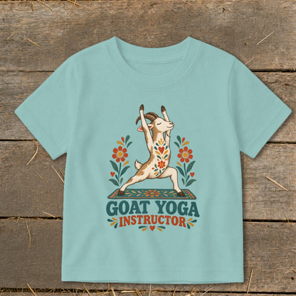 Goat in yoga pose with "Goat Yoga Instructor" text and floral accents.