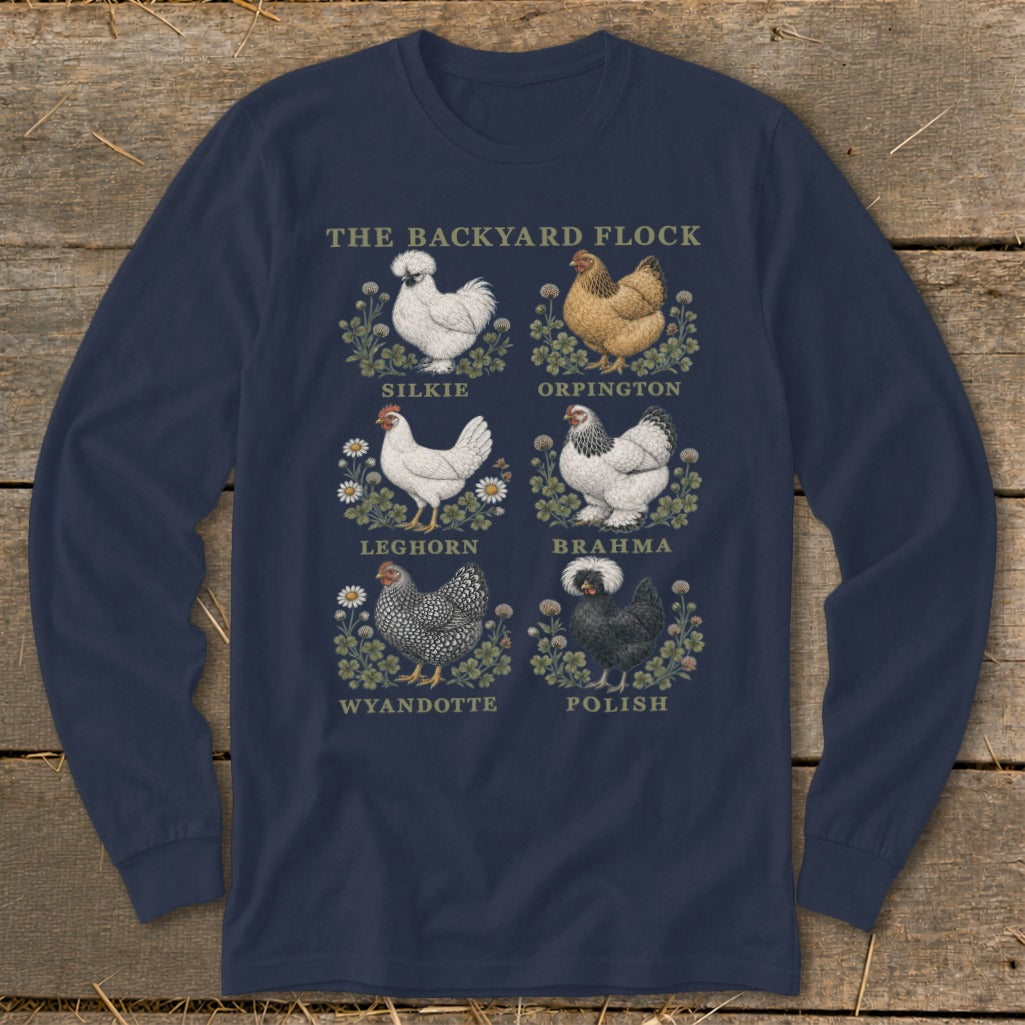 "The Backyard Flock" text above six illustrated chicken breeds: Silkie, Orpington, Leghorn, Brahma, Wyandotte, Polish.
