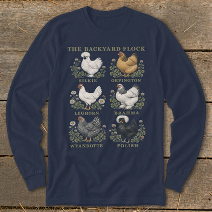 "The Backyard Flock" text above six illustrated chicken breeds: Silkie, Orpington, Leghorn, Brahma, Wyandotte, Polish.