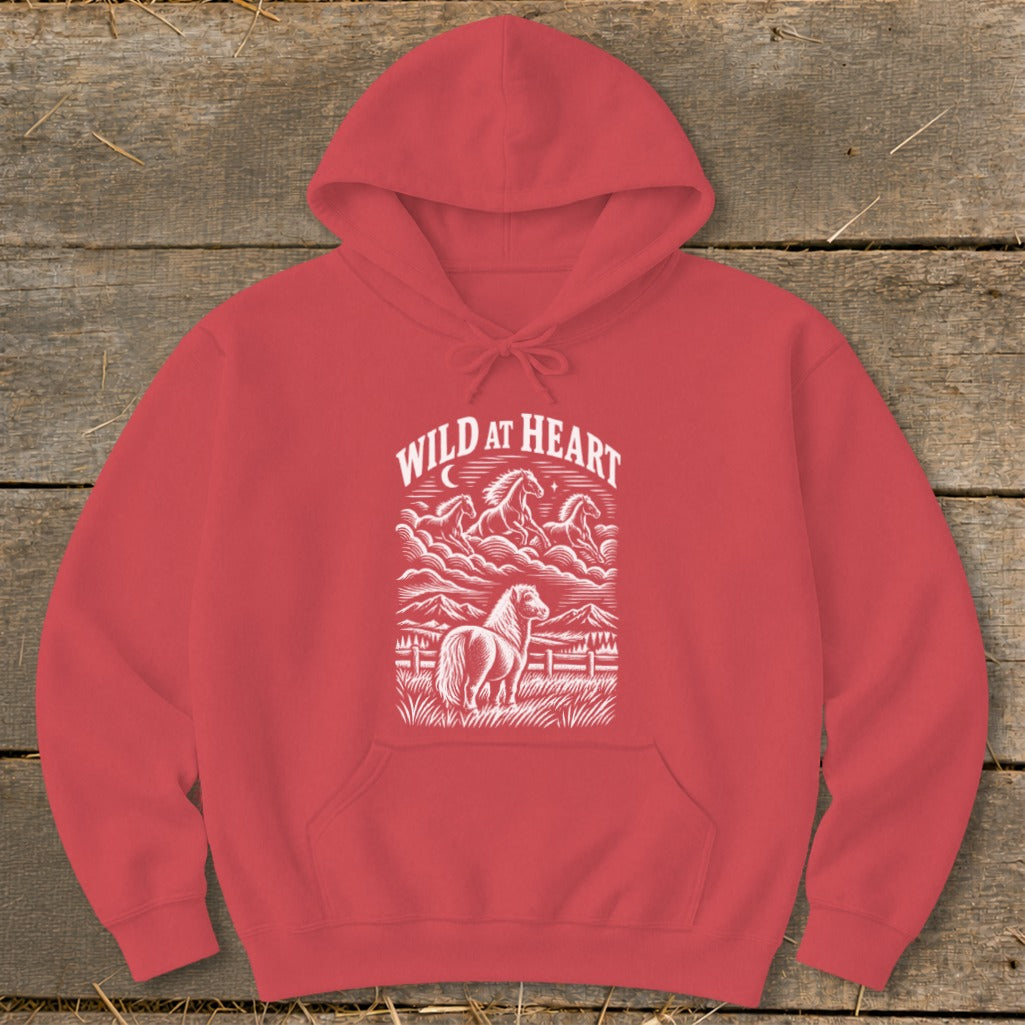 Red hoodie with white "Wild at Heart" text and horse graphic.