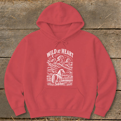 Red hoodie with white "Wild at Heart" text and horse graphic.