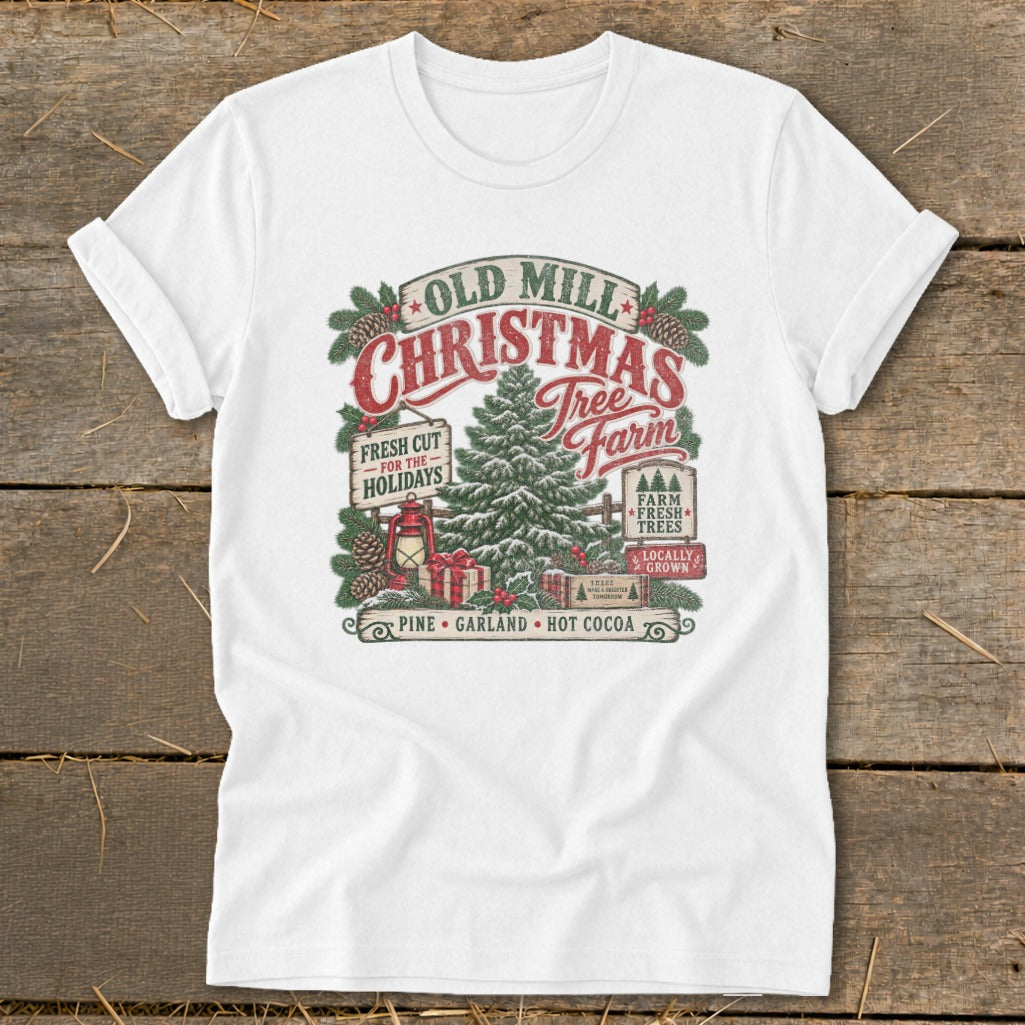 Old Mill Christmas Tree Farm graphic with festive trees, gifts, and holiday text.