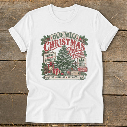 Old Mill Christmas Tree Farm graphic with festive trees, gifts, and holiday text.