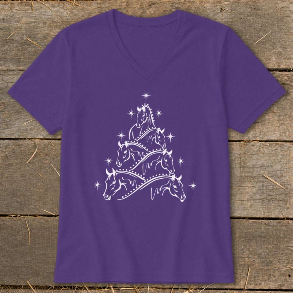 Purple v-neck t-shirt with a white Christmas tree made of horse heads and stars.