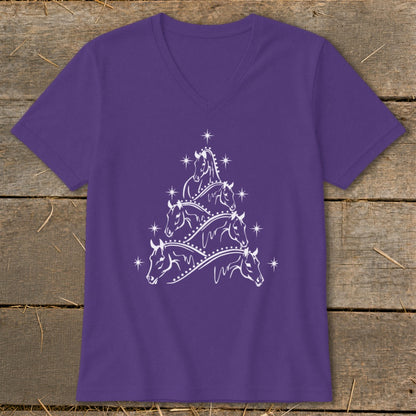 Purple v-neck t-shirt with a white Christmas tree made of horse heads and stars.