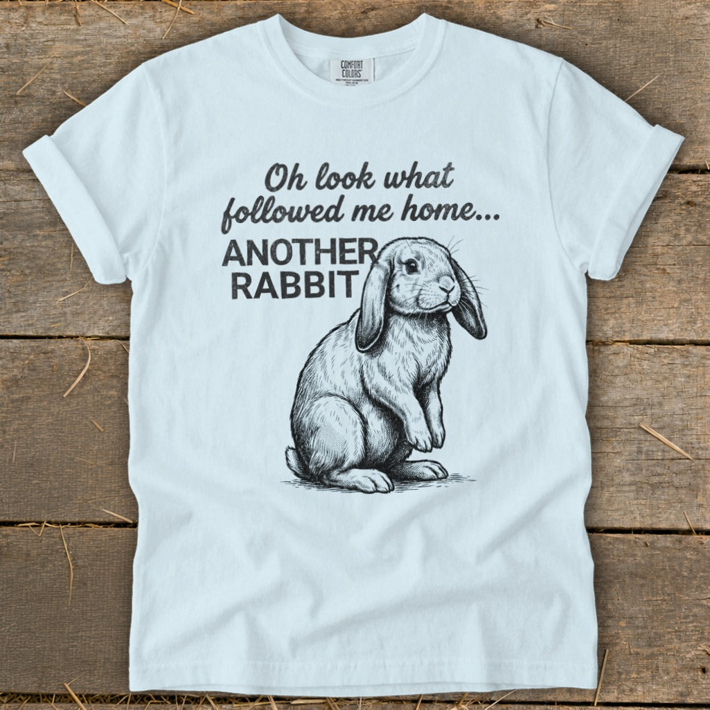 White t-shirt with black text and line drawing of a rabbit. Text reads "Oh look what followed me home... ANOTHER RABBIT".