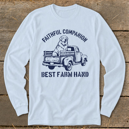 White long-sleeve shirt with a navy graphic of a dog in a truck.