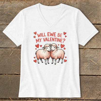 White t-shirt with two sheep and "Will Ewe Be My Valentine?" text.