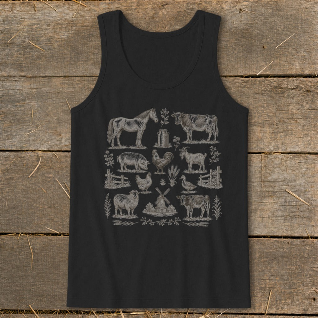 Black tank top with an all-over vintage farm animal illustration.