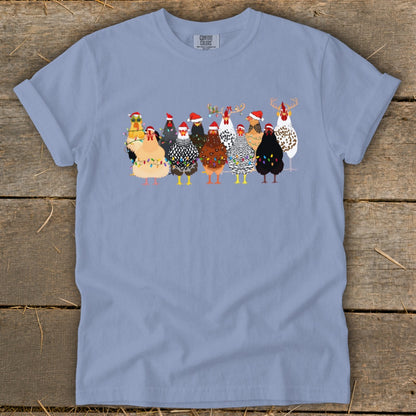 T-shirt with a herd of chickens wearing Santa hats and holiday lights.