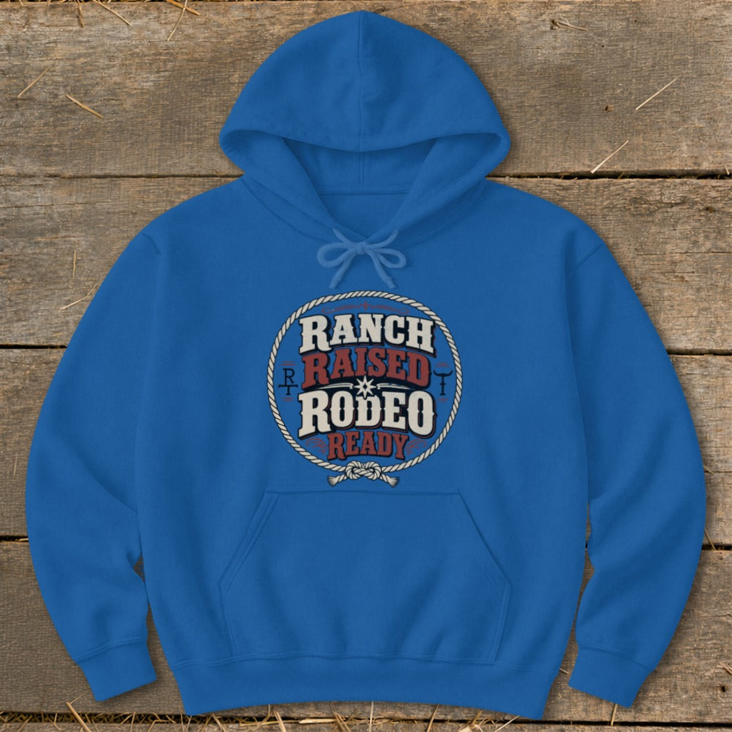 Blue hoodie with circular "Ranch Raised Rodeo Ready" graphic.