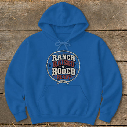 Blue hoodie with circular "Ranch Raised Rodeo Ready" graphic.