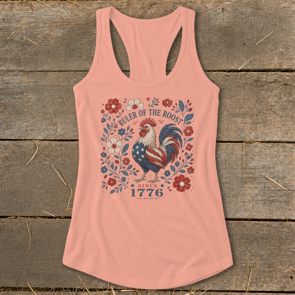 Peach tank top with patriotic rooster design and text "RULER OF THE ROOST SINCE 1776".