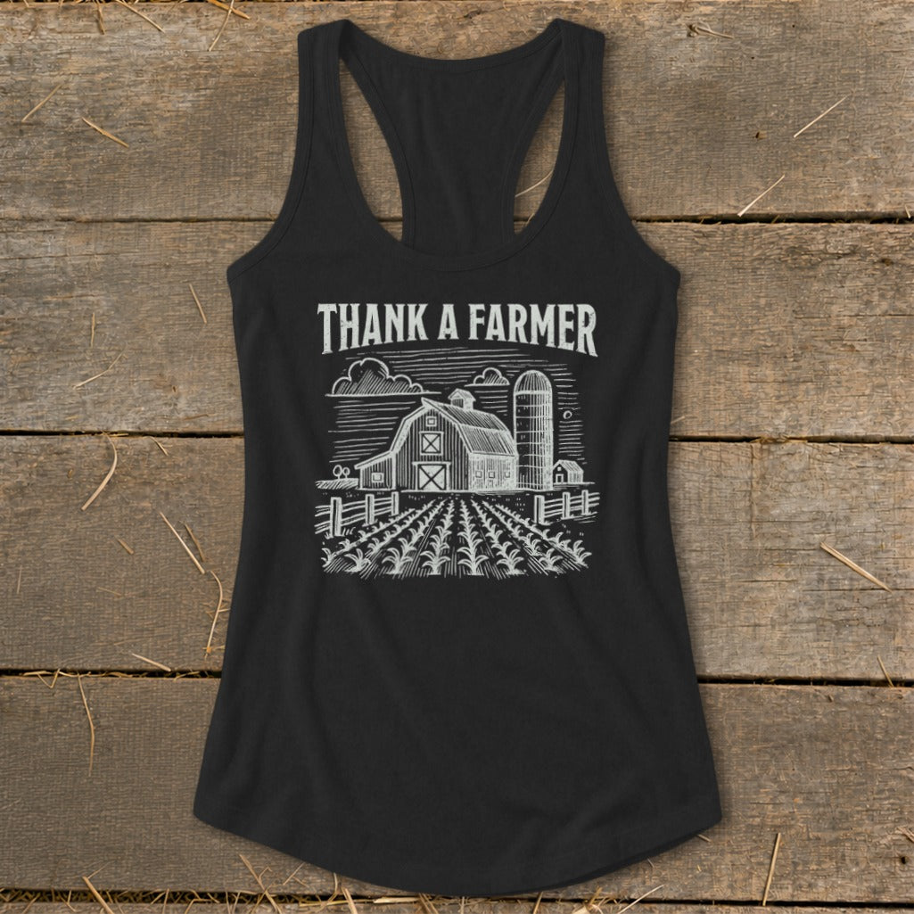 Black tank top with "Thank A Farmer" text and farm scene graphic.