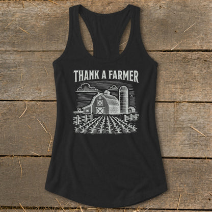 Black tank top with "Thank A Farmer" text and farm scene graphic.