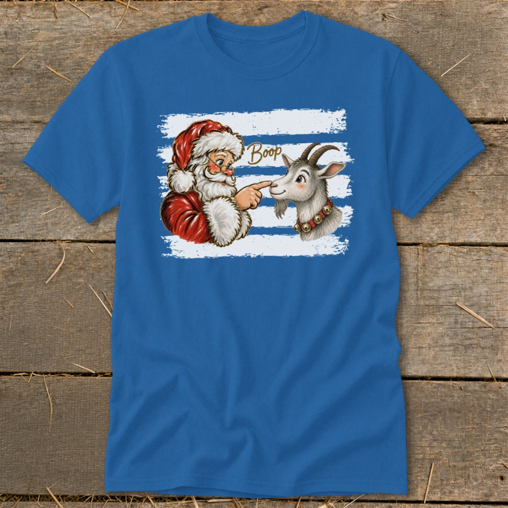 Santa booping a goat's nose with "Boop" text on a blue t-shirt.