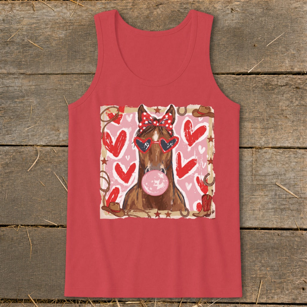 Horse with bow and heart sunglasses blowing bubblegum on a pink background with hearts.
