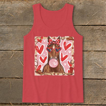 Horse with bow and heart sunglasses blowing bubblegum on a pink background with hearts.